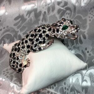 Jaguar Panther Hinged Rhinestone Cuff Bracelet large green eyes